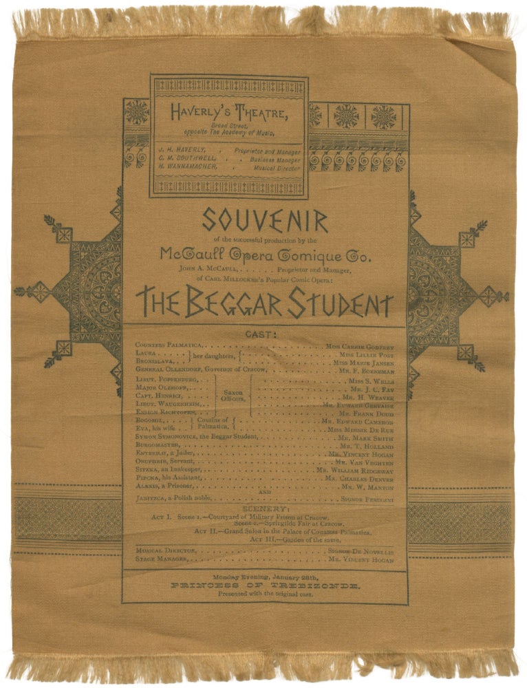 Item #412937 [Broadside Program on Silk]: Souvenir of the successful production by the McCaull Opera Comique Co. ... of .... The Beggar Student
