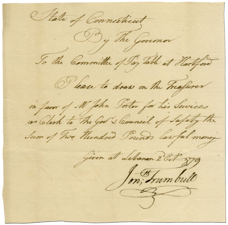 Item #413481 Autograph Pay Order Signed by Connecticut Governor Jonathan Trumbull during the Revolutionary War. Jonathan TRUMBULL.