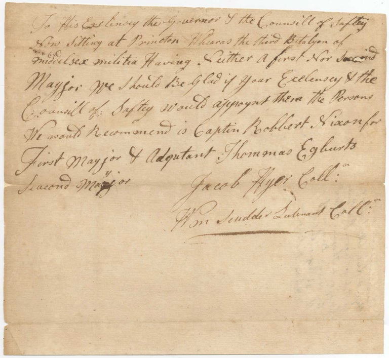 Autograph Letter Signed to New Jersey's Revolutionary War Governor William Livingston. Jacob HYER, William Scudder.