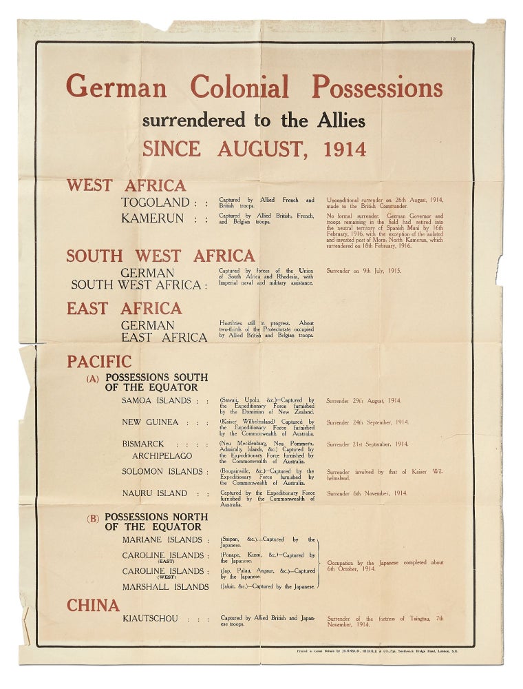 Item #413896 [Poster]: German Colonial Possessions Surrendered to the Allies Since August, 1914