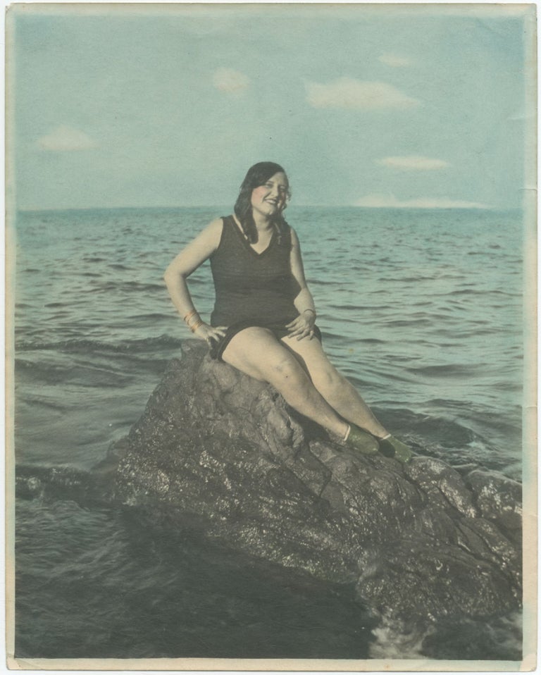 Item #413970 Autochrome or hand-tinted gelatin silver photograph of a California Woman in a Bathing Costume