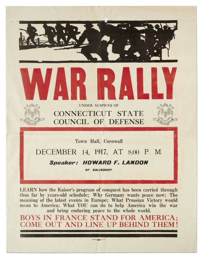Item #413995 [Broadside]: War Rally Under Auspices of Connecticut State Council of Defense... Town Hall, Cornwall... Speaker: Howard F. Landon of Salisbury
