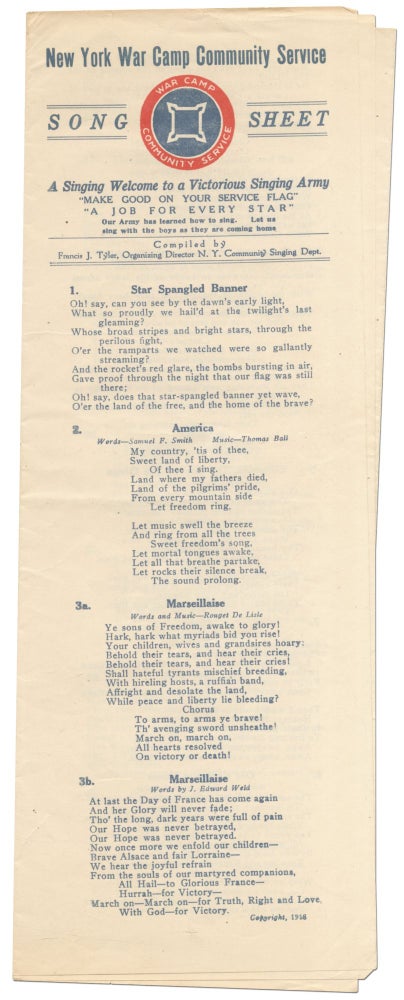 Item #414052 New York War Camp Community Service Song Sheet. A Singing Welcome to a Victorious Singing Army. Francis J. TYLER.