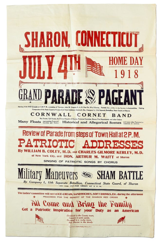 Item #414081 [Broadside]: Sharon, Connecticut. July 4th Home Day 1918 Grand Parade and Pageant... Cornwall Cornet Band... Military Maneuvers and Sham Battle