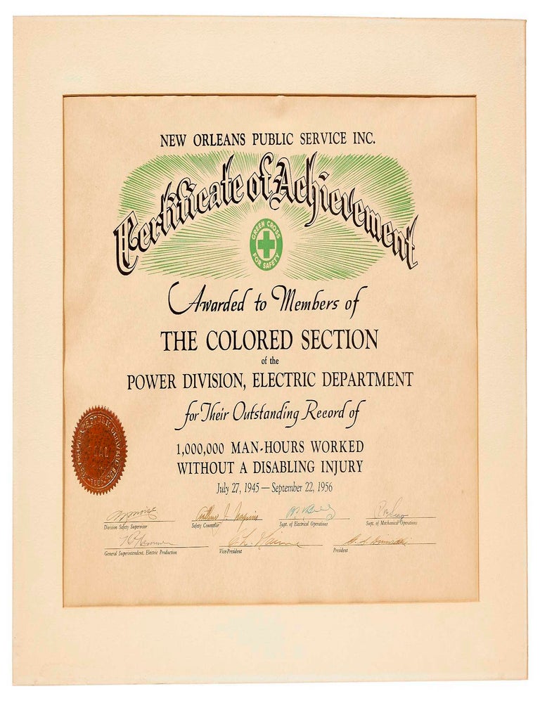 Certificate]: New Orleans Public Service Inc. Certificate of Achievement. Green Cross for Safety....