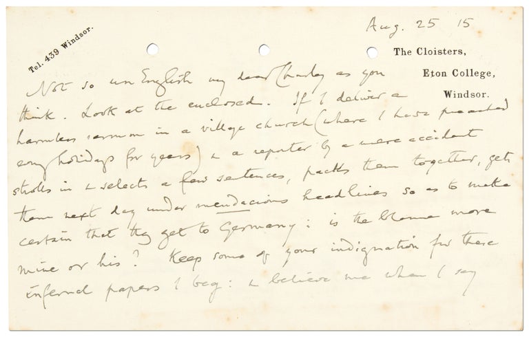 Item #414542 Autograph Letter Signed from a Reverend teaching at Eton College during World War I. Edward Lyttelton.
