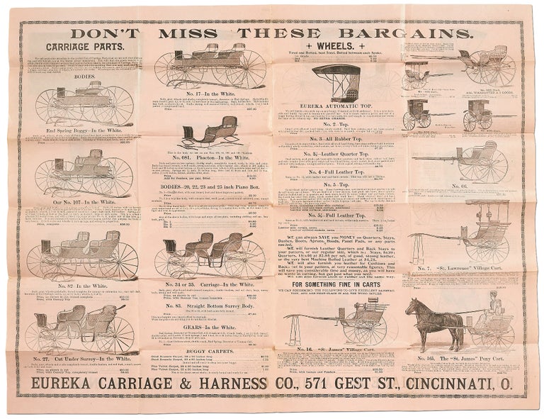 Item #414681 [Broadsheet]: Don't Miss These Bargains. Carriage Parts. Wheels. Eureka Carriage & Harness Co.