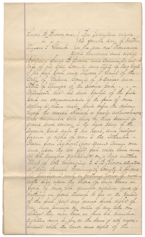 Item #415194 Certified copy of a legal documenting providing Grant right-of-way and the right to erect a beach house in Long Branch. Ulysses S. GRANT.