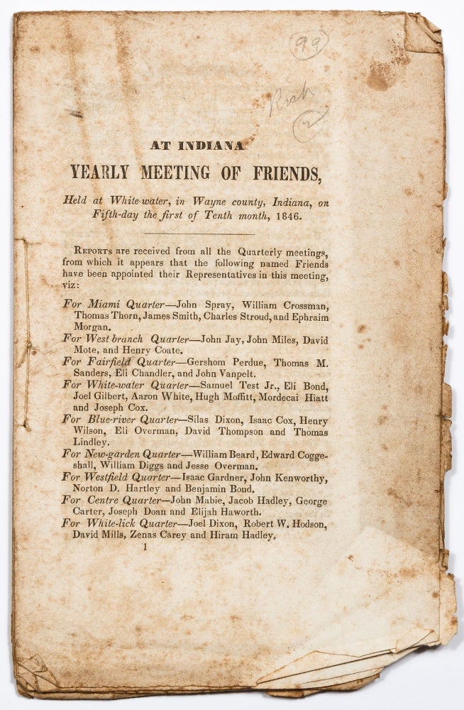 Item #415537 At Indiana Yearly Meeting of Friends, held at White Water, in Wayne county, Indiana, on Fifth-day the first of Tenth Month, 1846