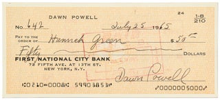 Item #415694 Bank Check Signed by Dawn Powell to Author and Friend Hannah Green, and endorsed by...