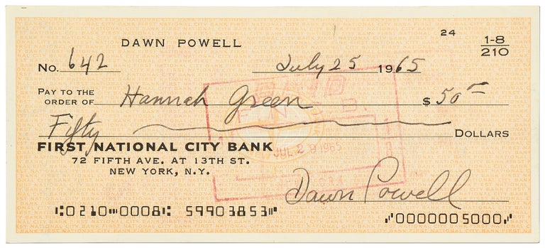 Item #415694 Bank Check Signed by Dawn Powell to Author and Friend Hannah Green, and endorsed by Green. Dawn POWELL, Hannah Green.