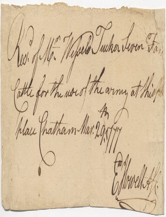 Holograph Receipt for "Seven Fat Cattle" for the use of the Army at Chatham, New. Edward HOWELL.