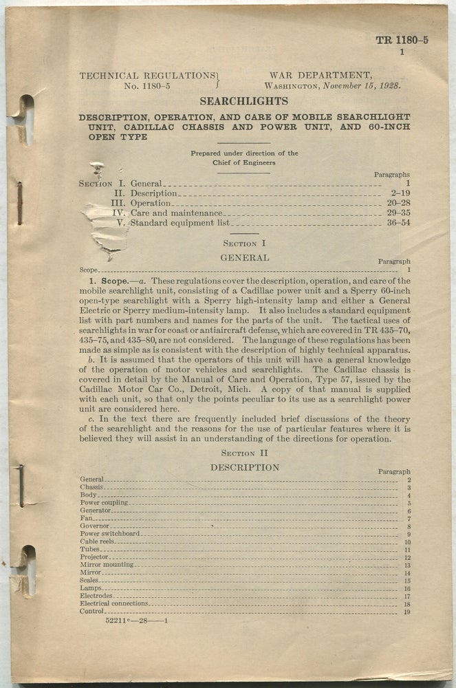 Item #421499 Searchlights: Description, Operation, and Care of Mobile Searchlight Unit, Cadillac Chassis and Power Unit, and 60-Inch Open Type: Technical Regulations, No. 1180-5, November 15, 1928