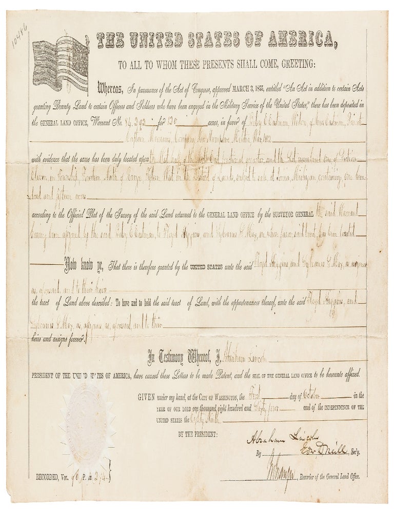 Original Document]: Military Bounty Land Warrant: with Abraham Lincoln’s signature in the. Abraham Lincoln.