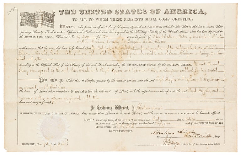 Item #421729 [Original Document]: Military Bounty Land Warrant: with Abraham Lincoln’s signature in the secretarial hand of Edward Duffield Neill, October 1st, 1864. Abraham Lincoln.