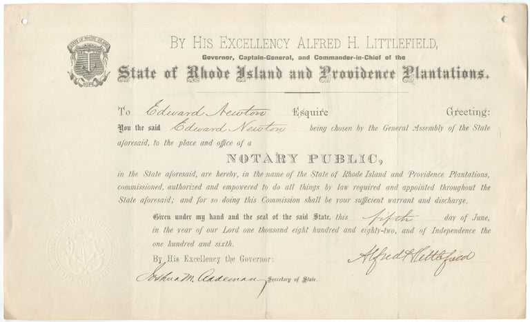 Item #422032 Small Collection of Rhode Island Notary Public Commissions Signed by Seven Governors, 1882-1894. Augustus O. Bourn Alfred H. Littlefield, Herbert W. Ladd, Royal C. Taft, John W. Davis, George Peabody Wetmore, D. Russell Brown.