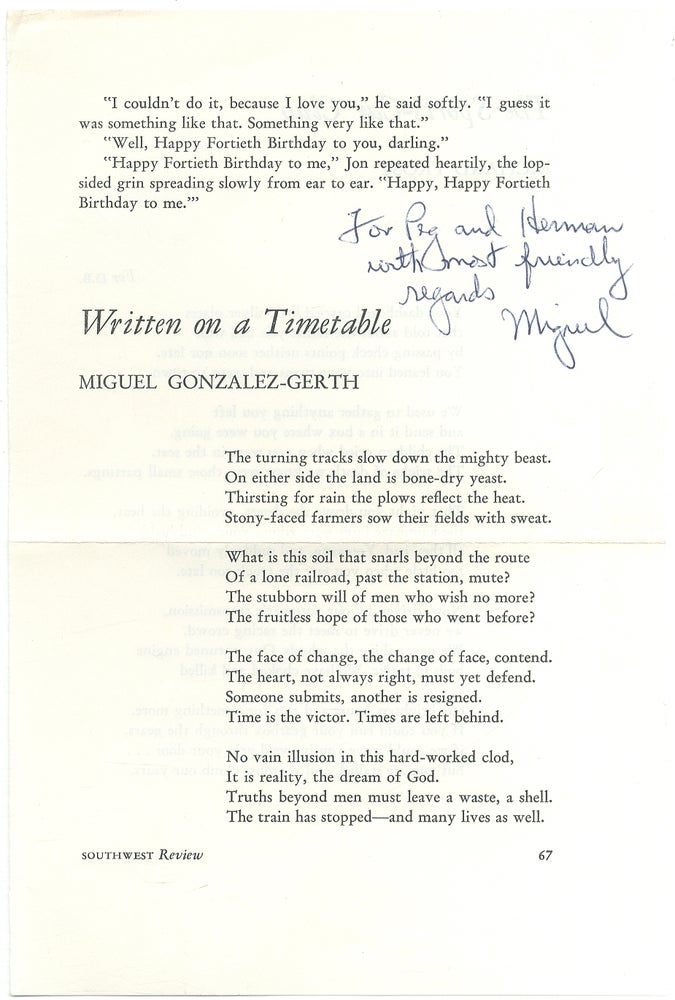 Item #422256 (Poem): Written on a Timetable. Miguel GONZALEZ-GERTH.