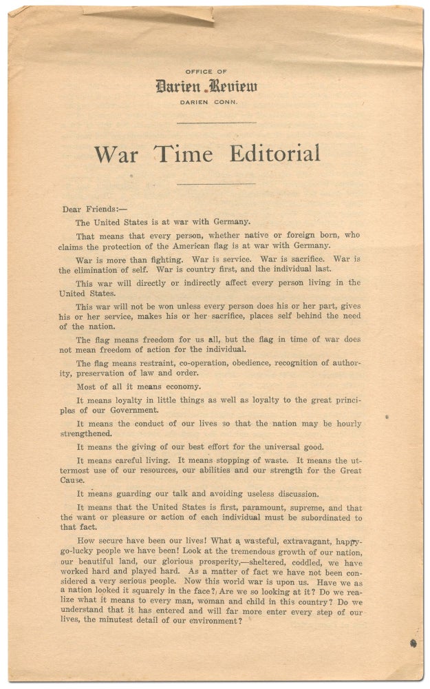 Item #422358 [Broadsheet]: War Time Editorial