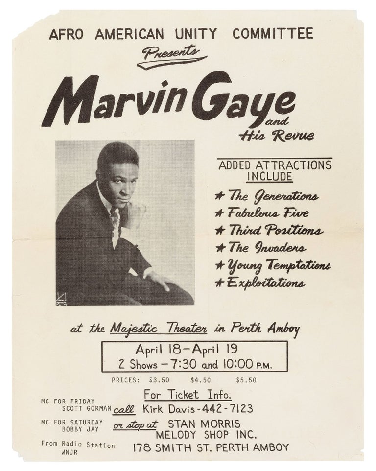 Item #422677 [Flyer]: Afro American Unity Committee Presents MARVIN GAYE and His Revue. Added attractions include The Generations, Fabulous Five, Third Positions, The Invaders, Young Temptations, Exploitations at the Majestic Theater in Perth Amboy
