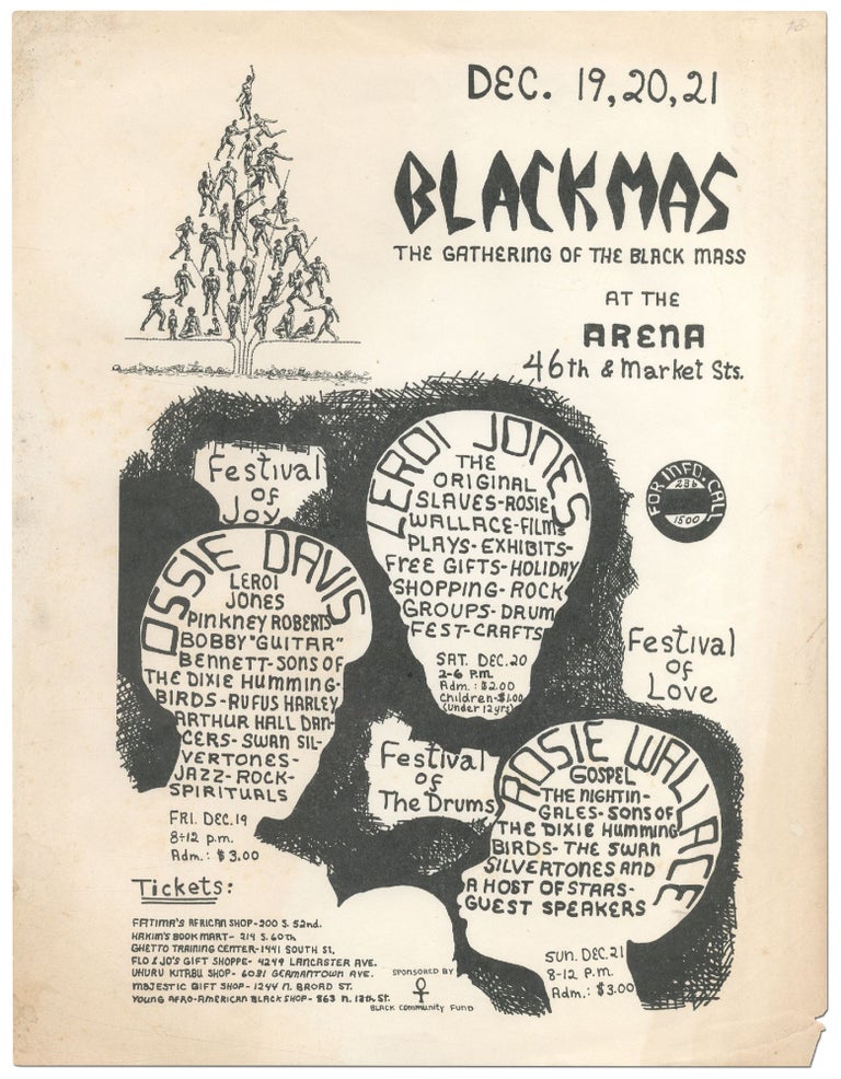 Item #422678 [Flyer]: Blackmas: The Gathering of the Black Mass at the Arena. Festival of Joy - Festival of the Drums - Festival of Love. Ossie Davis - Leroi Jones - Rosie Wallace