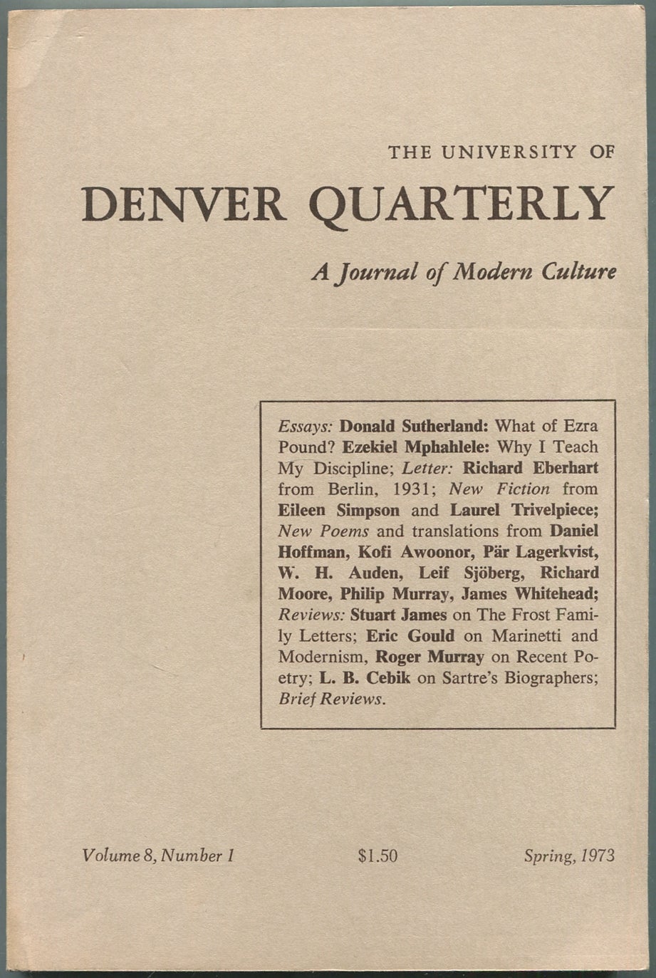 The Denver Quarterly Vol. 8 No. 1 Spring 1973 Burton FELDMAN