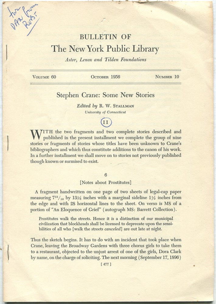 Item #423642 Bulletin of The New York Public Library: October 1956, Volume 60, Number 10. R. W. STALLMAN.