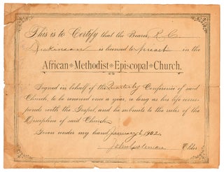 Item #423771 [Partially Printed Document]: License to Preach in the African Methodist Episcopal...