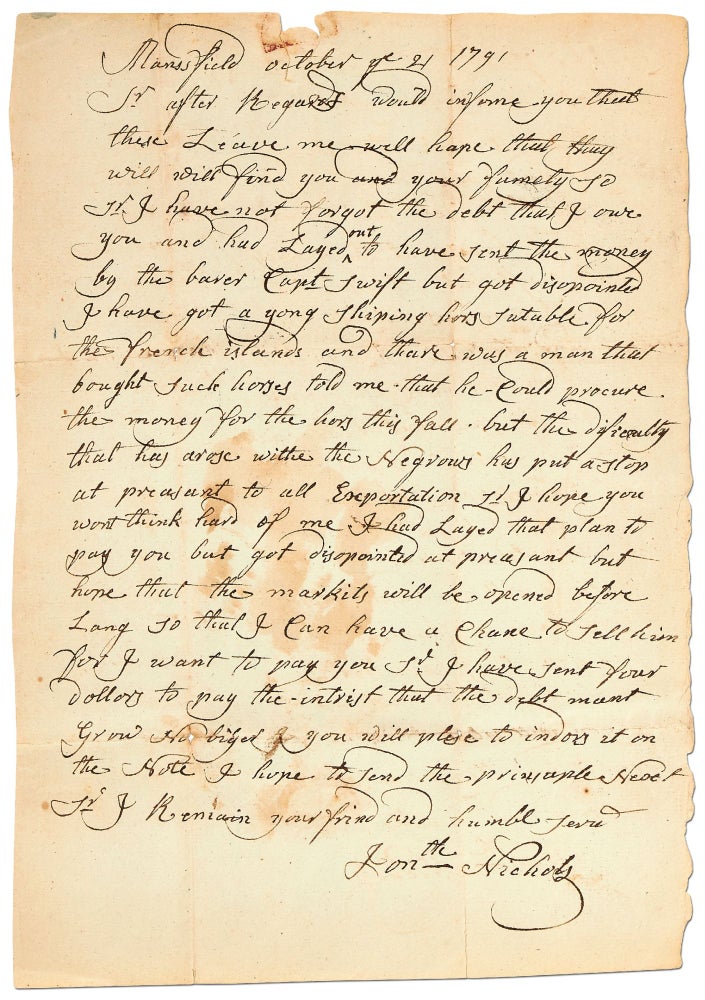 Item #423811 Letter to a Creditor Informing Him that the Debtor is Unable to Pay What He Owes because Trade has been Interrupted by the Haitian Revolution. Jonathan NICHOLS.