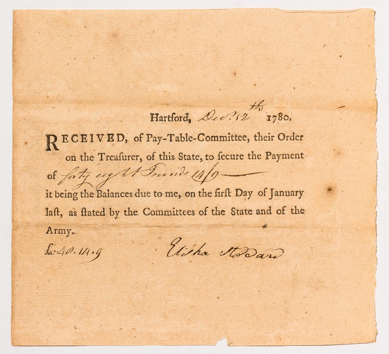 Item #423861 Partially Printed Receipt for Payment to a Connecticut Revolutionary War Soldier. Elisha STODDARD.