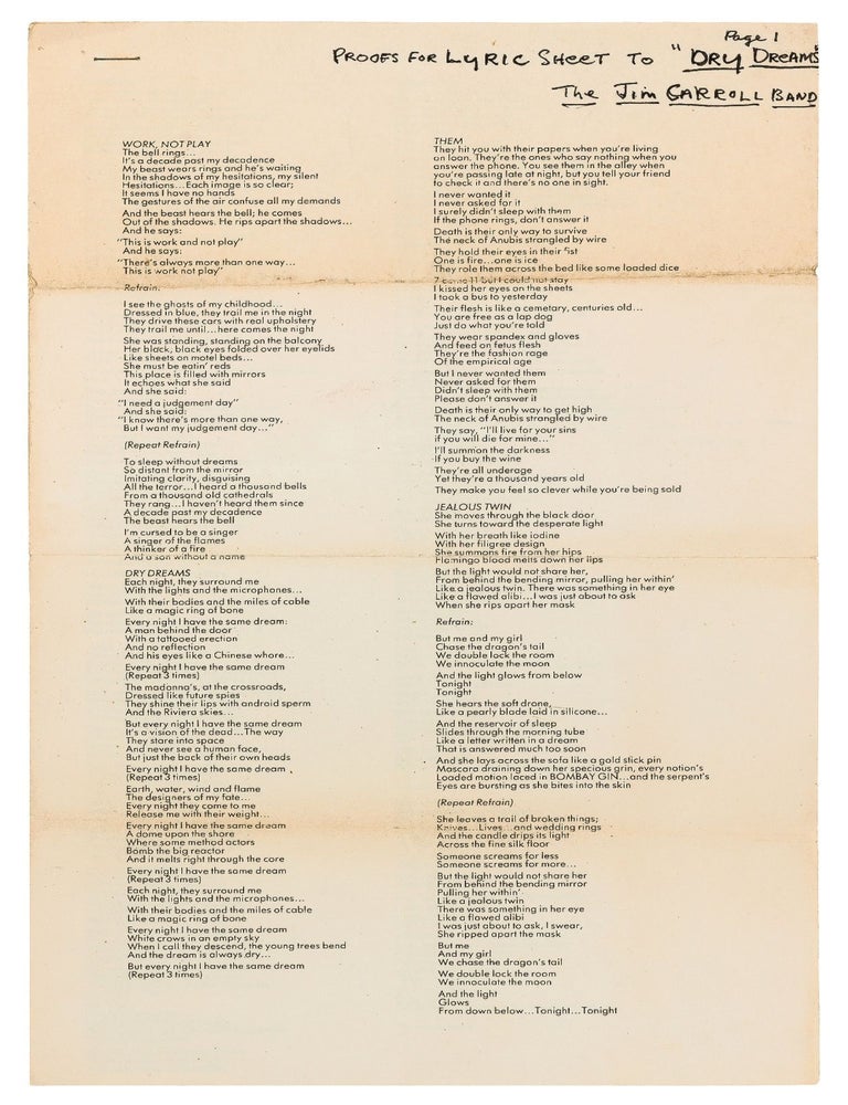 Item #424565 [Proof Lyrics Sheet]: Dry Dreams. Jim CARROLL.