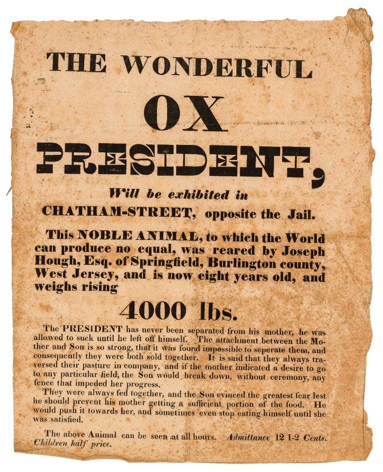 Item #424919 [Broadside]: The Wonderful Ox President, Will be exhibited in Chatham-Street, opposite the Jail