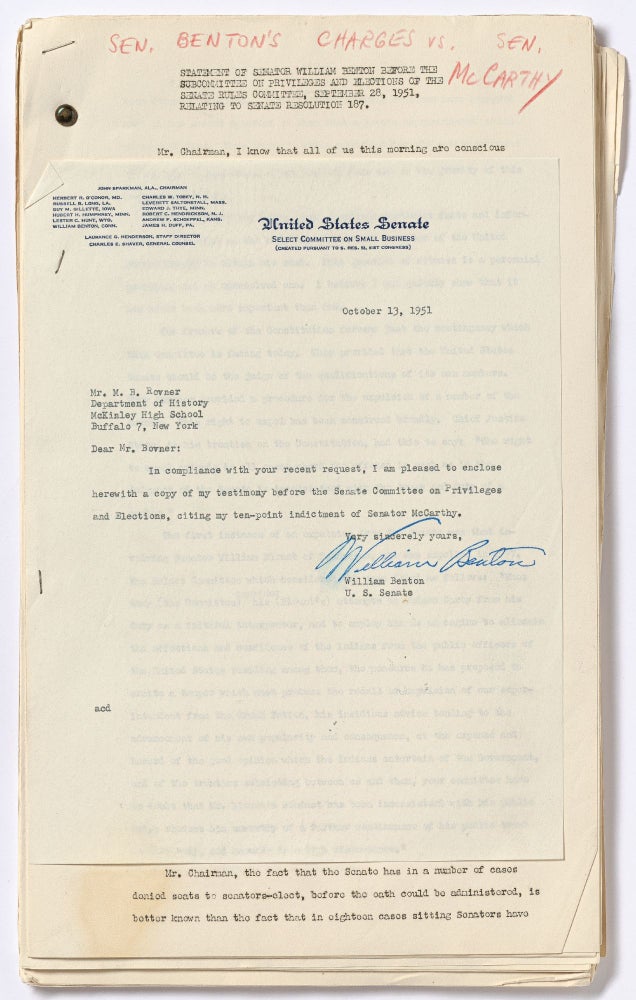 Item #426056 [Archive]: An Archive of Letters, Documents, and Statements Pertaining to Senator Joe McCarthy During the Height of McCarthyism. Senator Joe McCARTHY, M B. Rovner.