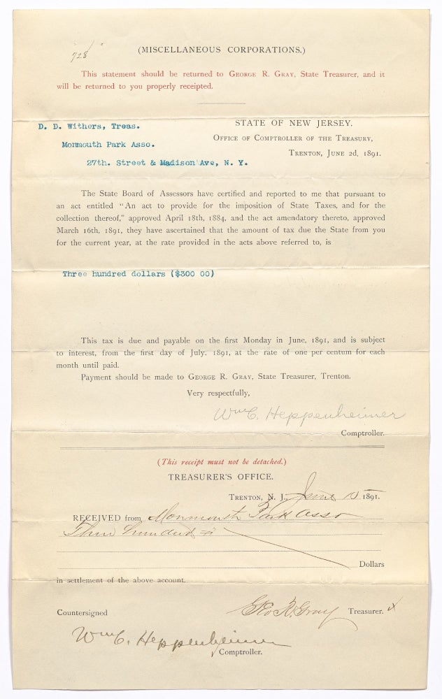 Item #426128 [Archive]: Monmouth Park Racetrack Taxation Trial Letters