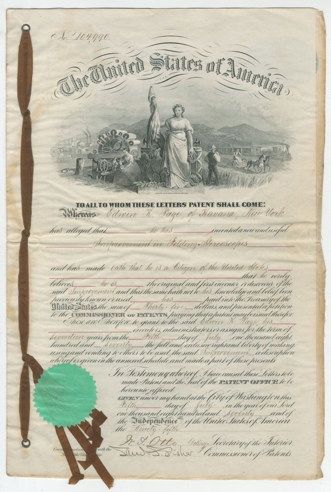 Item #429876 Letters of Patent for an Improved Folding Stereoscope Viewer. 1870