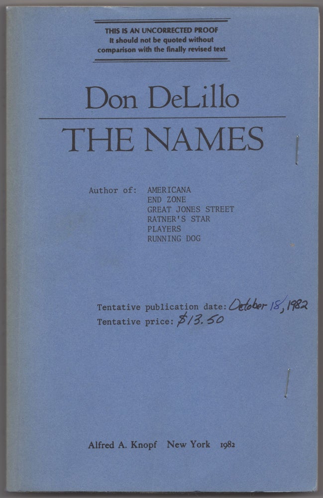 Item #431136 The Names. Don DeLILLO.