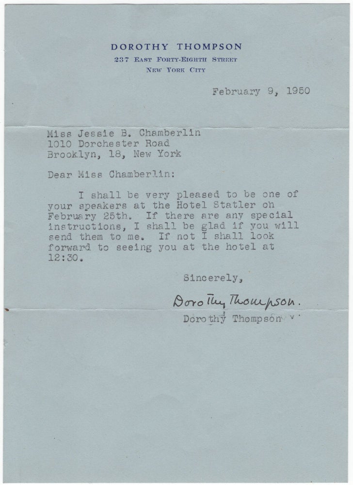 Item #431857 Autograph Letter Signed to Jessie B. Chamberlin. Dorothy THOMPSON.