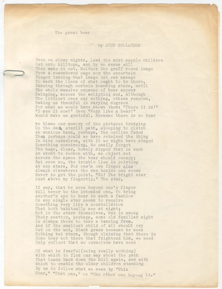 Item #433584 (Signed Typescript): The Great Bear. John HOLLANDER.