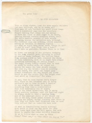 Signed Typescript): The Great Bear. John HOLLANDER.