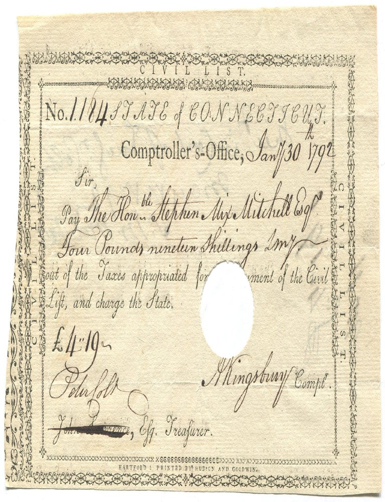 Item #435472 Partially Printed Civil List Pay Note for Stephen Mix Mitchell. January 30th, 1792. Stephen Mix MITCHELL.