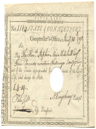 Partially Printed Civil List Pay Note for Stephen Mix Mitchell. January 30th, 1792. Stephen Mix MITCHELL.