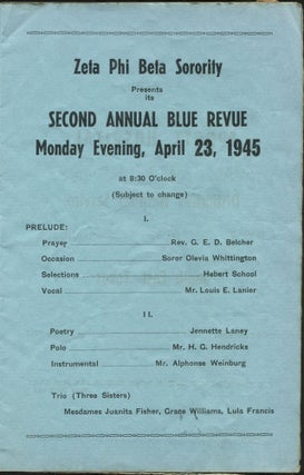 (Program): Alpha Chi Zeta of Zeta Phi Beta Sorority Presents The Second Annual Blue Revue in St. Games Methodist Church... 1945