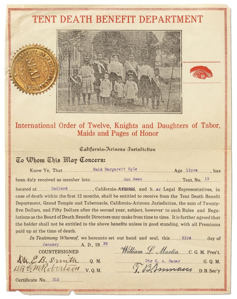 Item #435540 [Partially Printed Document]: Tent Death Benefit Department. International Order of Twelve, Knights and Daughters of Tabor, Maids and Pages of Honor. California-Arizona Jurisdiction. 1930