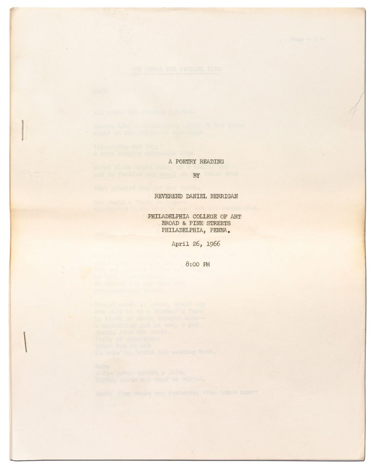 Item #436026 A Poetry Reading by Reverend Daniel Berrigan. Philadelphia College of Art... April 26, 1966. Rev. Daniel BERRIGAN.