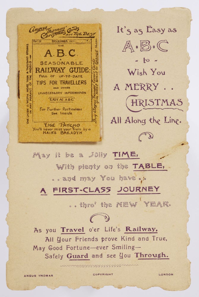 Item #436670 (Christmas card trade card): It's as Easy as ABC to Wish you a Merry Christmas All Along the Line / The ABC Reasonable Railway Guide Full of Up-To-Date Tips for Travellers and Other Unnecessary Information