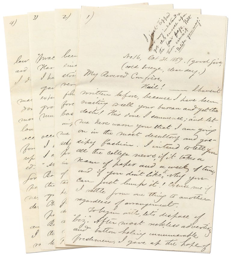 Item #436957 An 1869 Letter from a Tufts College Student featuring a Six Page detailed account of the College's Baseball Games. "John"