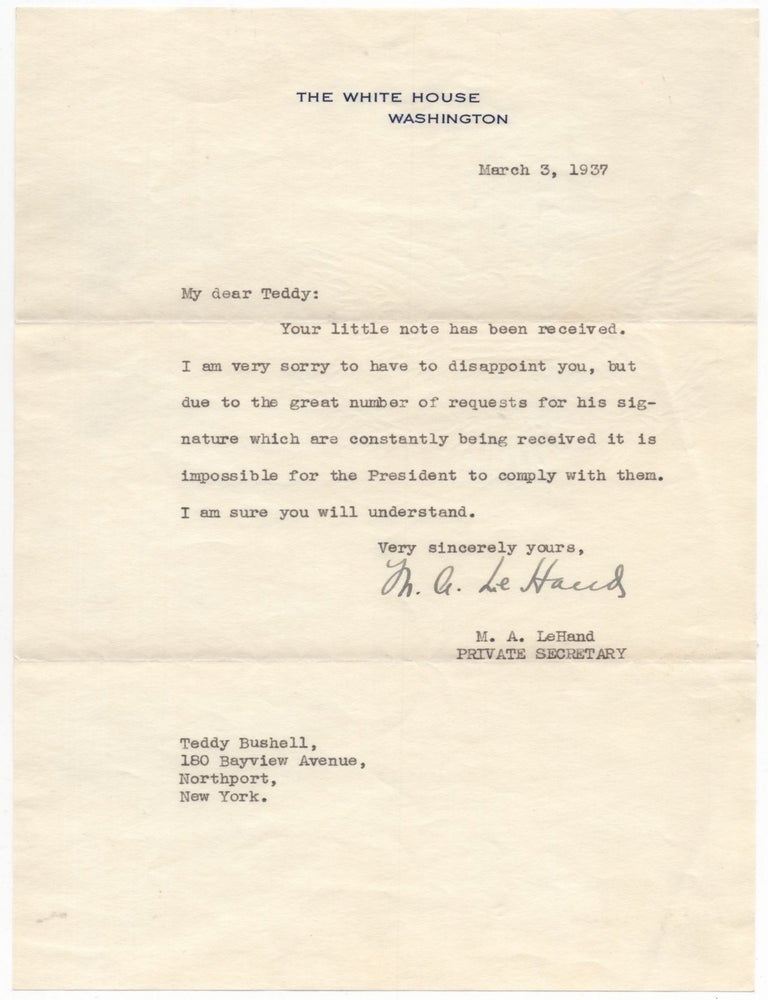 Item #437919 Typed Letter Signed to a Boy Seeking F.D.R.'s Autograph. Missy LeHAND.