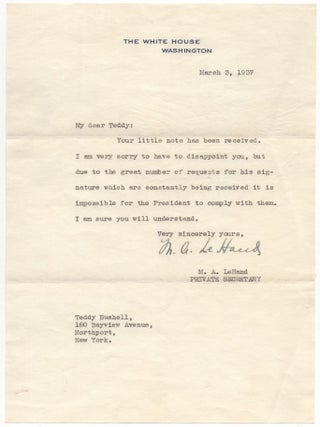Typed Letter Signed to a Boy Seeking F.D.R.'s Autograph. Missy LeHAND.