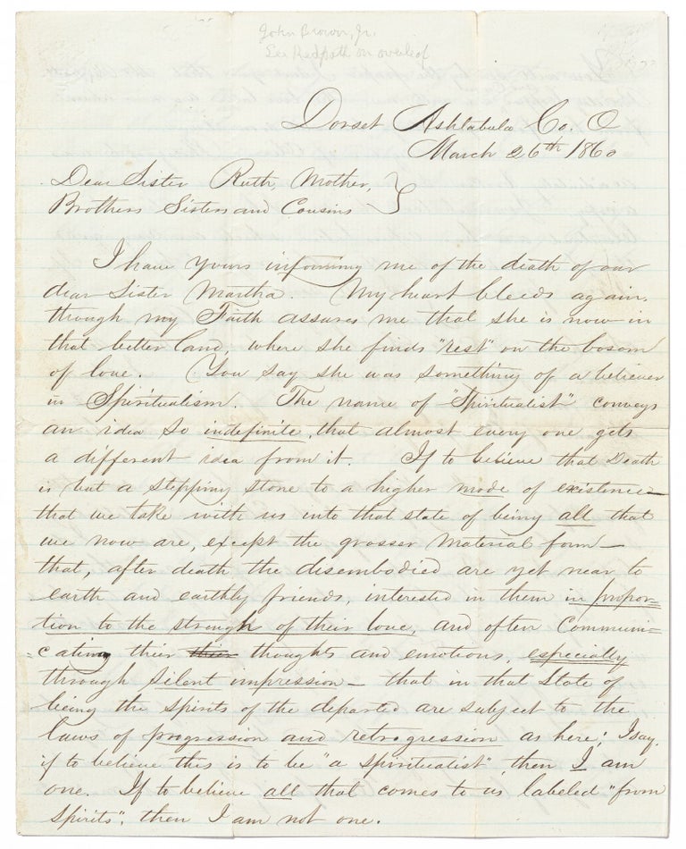 Item #438057 Autograph Letter Signed to his Mother, Siblings, and Cousins, about the Death of his Sister Martha. John BROWN Jr.