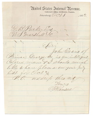 Item #442162 Autograph Note Signed Recommending a Colored Man for Jury Duty in Virginia. C. P....