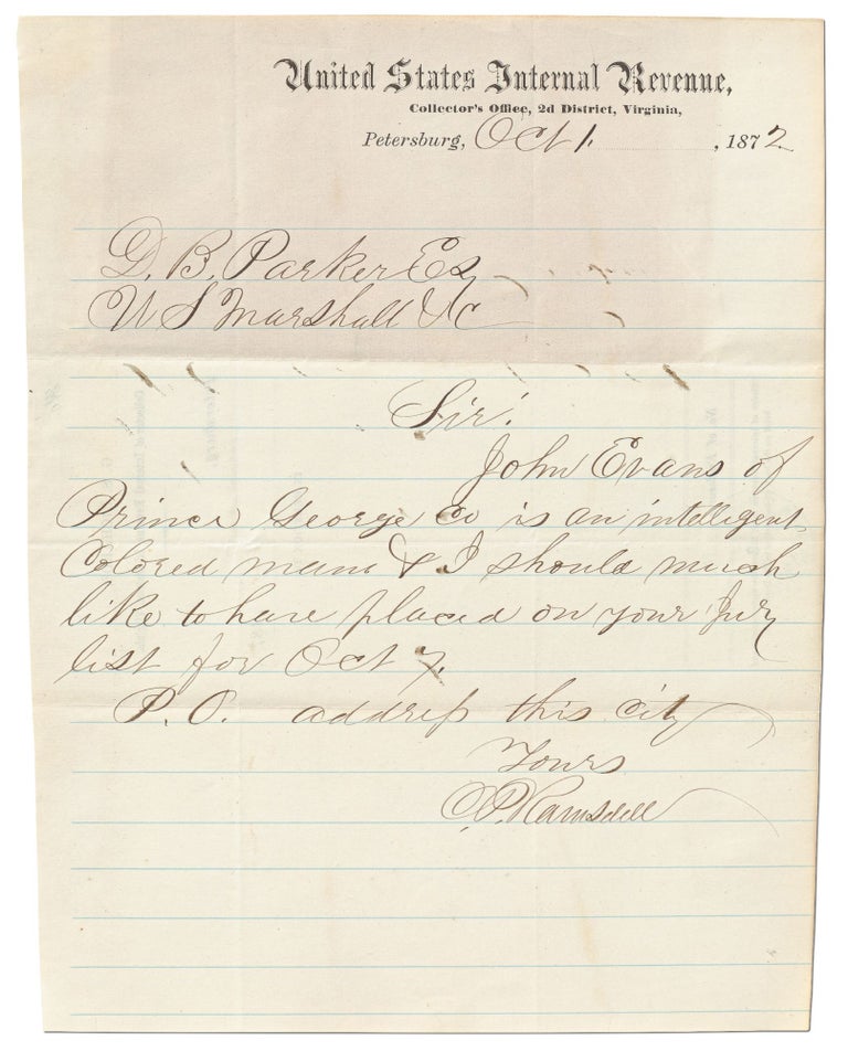 Item #442162 Autograph Note Signed Recommending a Colored Man for Jury Duty in Virginia. C. P. RAMSDELL.